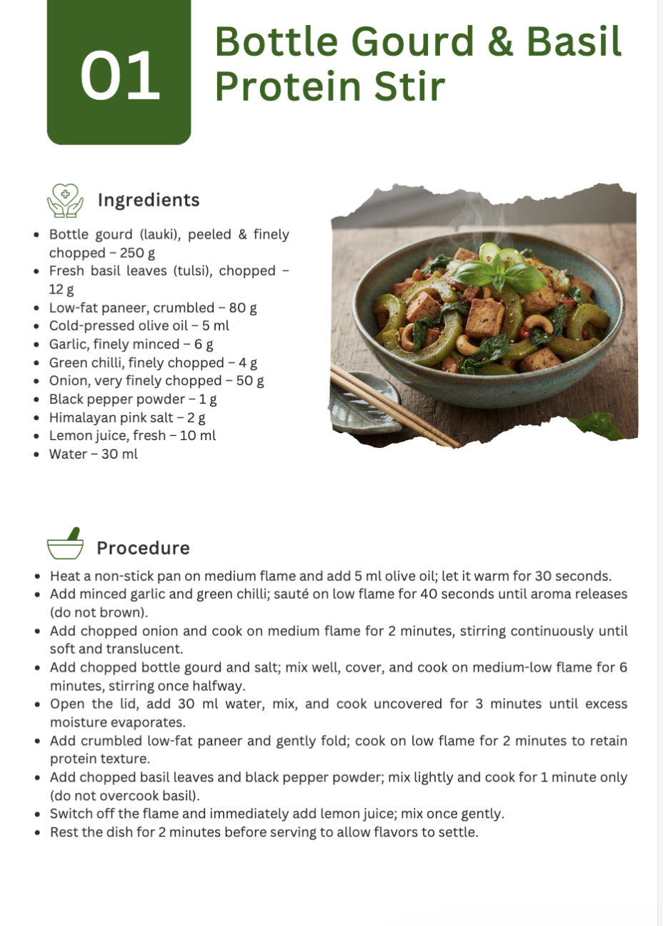 Actual cookbook recipe page 01: Bottle Gourd & Basil Protein Stir