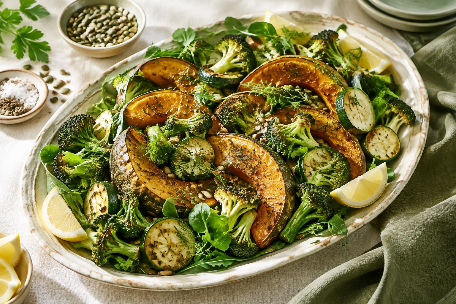 Colorful vegetable dish with pumpkin, zucchini, broccoli, herbs and lemon