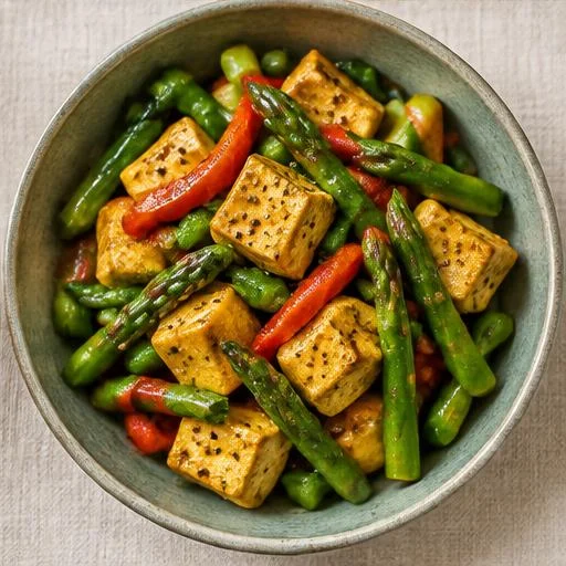 Illustrative food photograph for Asparagus–Tofu Pepper Sauté